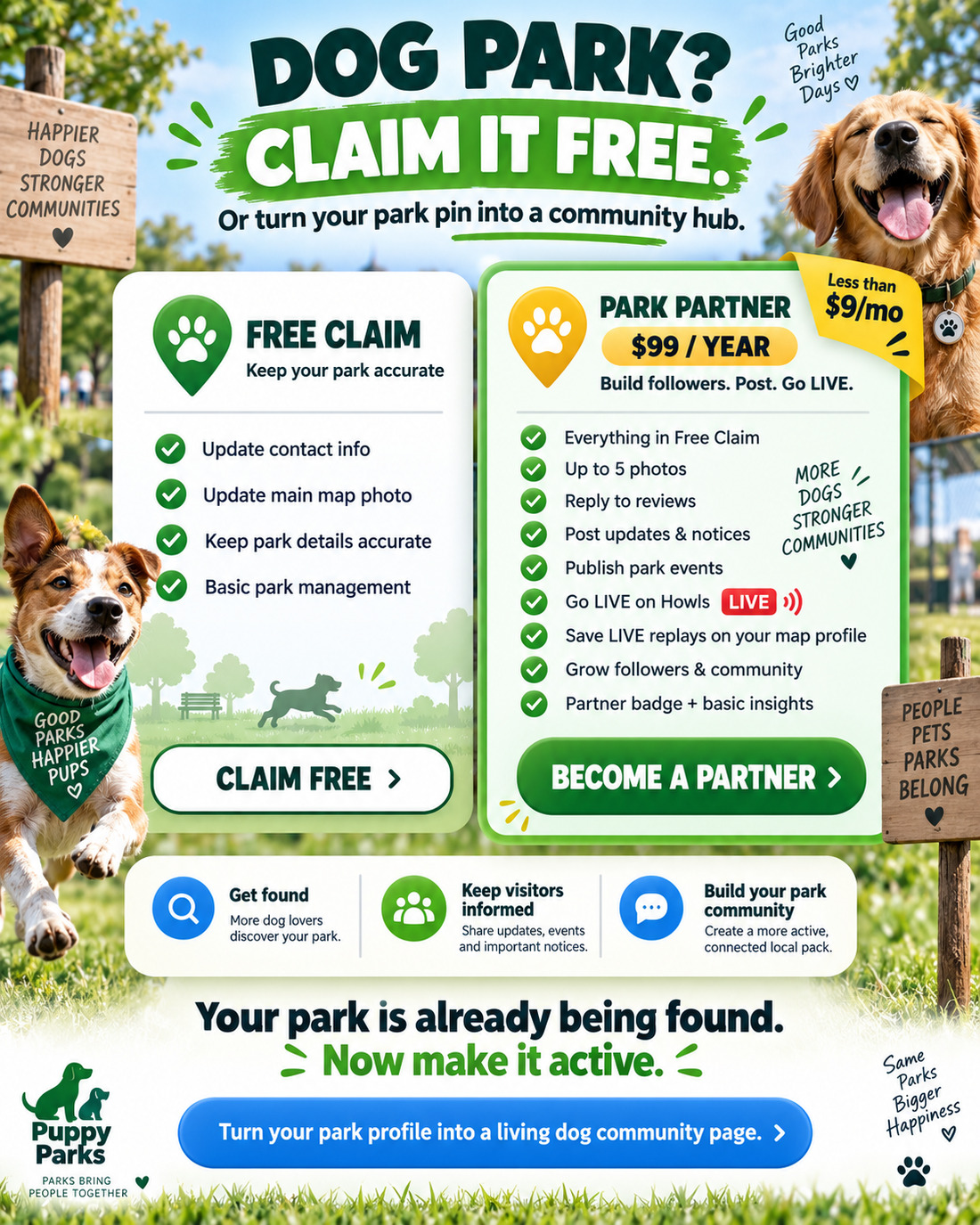 Dog park? Claim it free. Or turn your park pin into a community hub. Free Claim keeps your park accurate. Park Partner is $99 a year: up to 5 photos, reply to reviews, post updates and notices, publish park events, go LIVE on Howls, save LIVE replays, grow followers and a partner badge with basic insights.