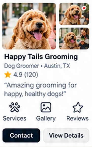 Example Featured card with 3 photos, services, gallery and reviews