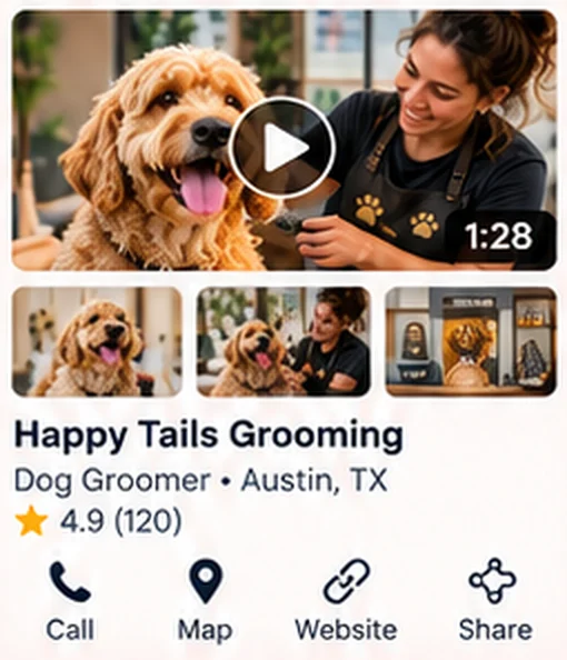 Example Premium card with a video, 6 photos and call, map, website and share buttons