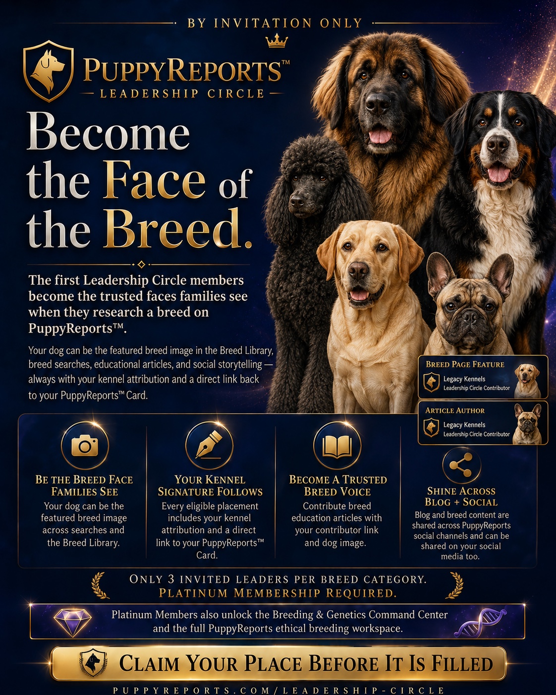 Leadership Circle, Become the Face of the Breed: be the featured breed image families see, your kennel signature follows every placement, become a featured breed voice, and shine across blog and social. Only 3 invited leaders per breed category, Platinum membership required.